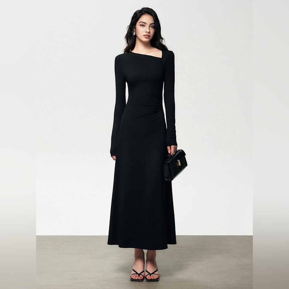 Commense Ribbed Knit Asymmetric Long Sleeve Bodycon Long Dress